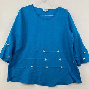Toofan Linen size XL Blue Button Pintuck Accents 3/4 Sleeve Relaxed Blouse Artsy